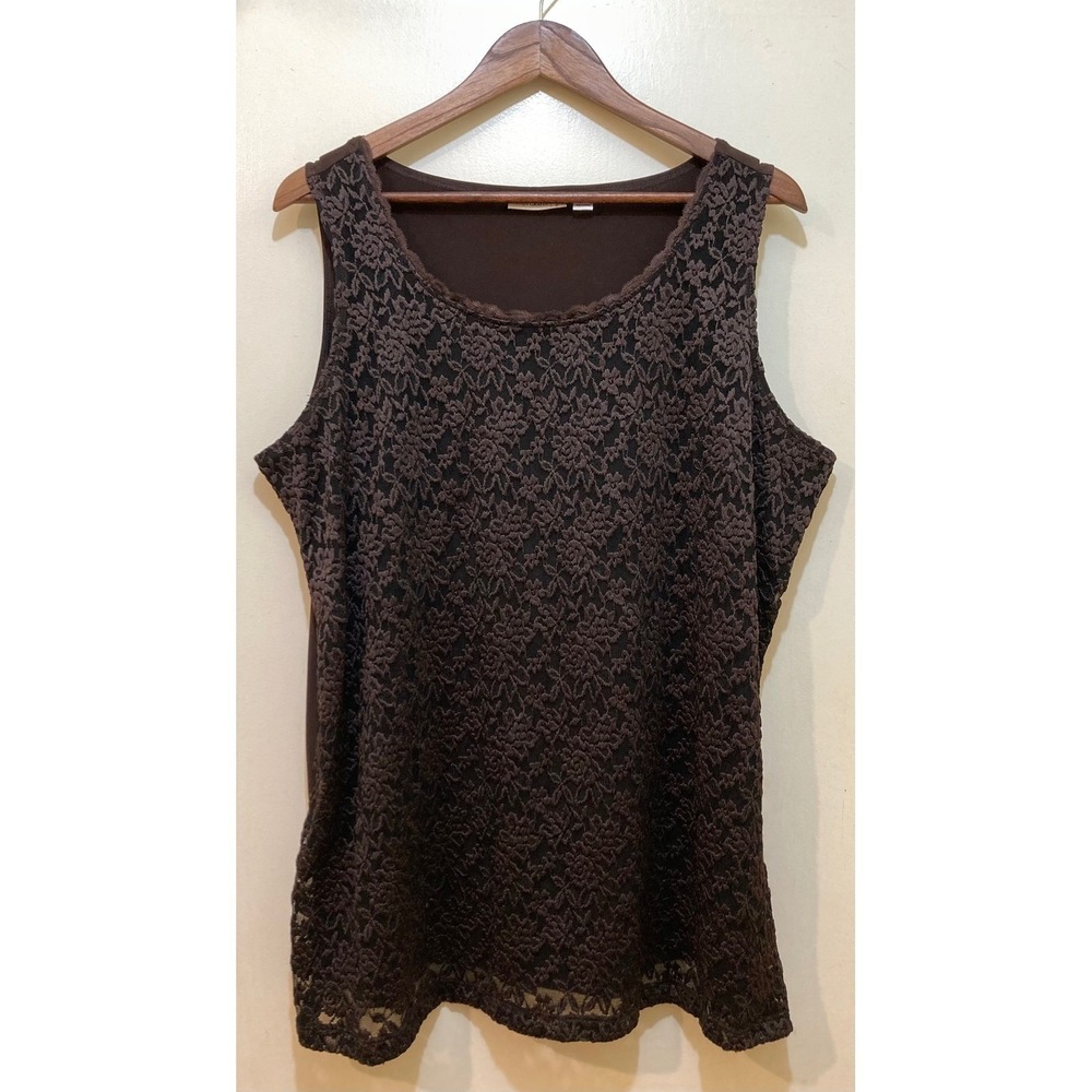 Susan Graver Women Tank Top 2X Brown Lace Front Overlay Sleeveless Romantic Boho